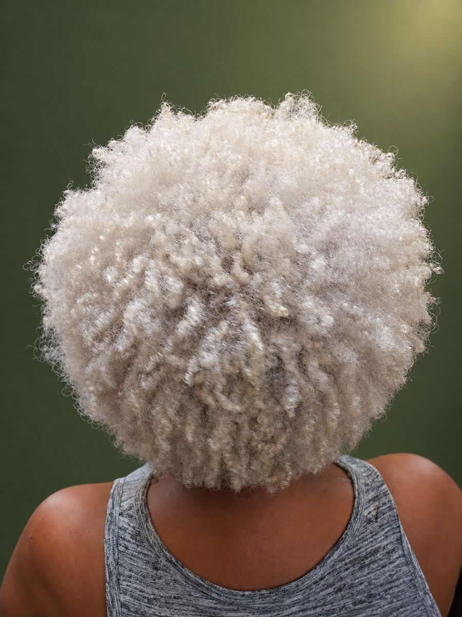 Cabelo crespo afro platinado, visto de costas