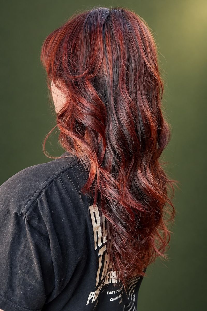Cabelo longo ondulado com mechas acobreadas, visto de lado