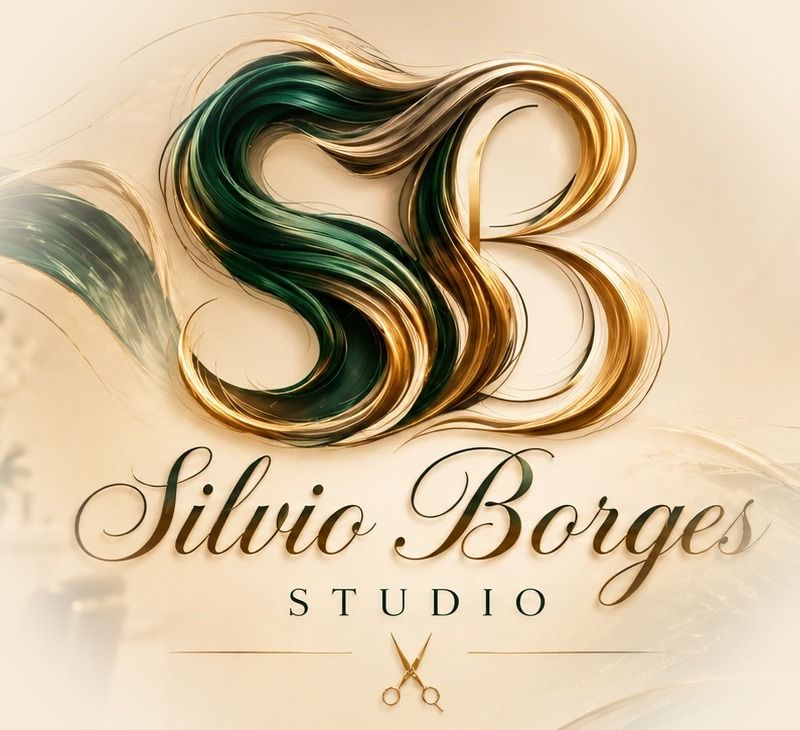 Logo do Studio Silvio Borges: monograma SB formado por mechas de cabelo verde e dourado