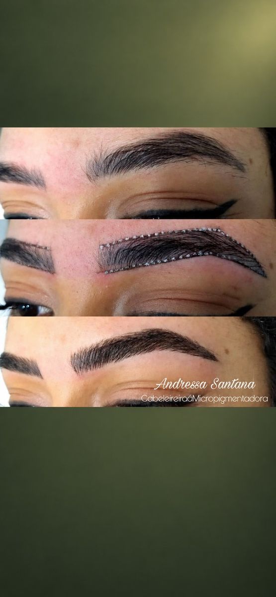 Design de sobrancelha mostrado em três etapas
