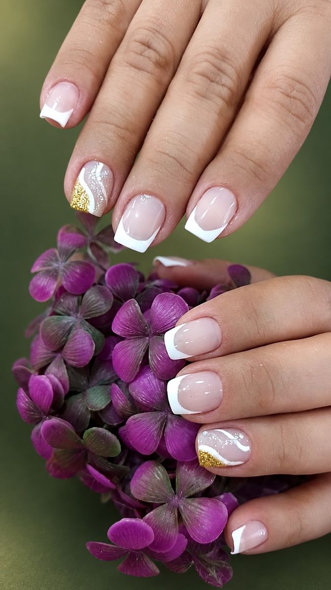 Unhas com francesinha branca e detalhe dourado