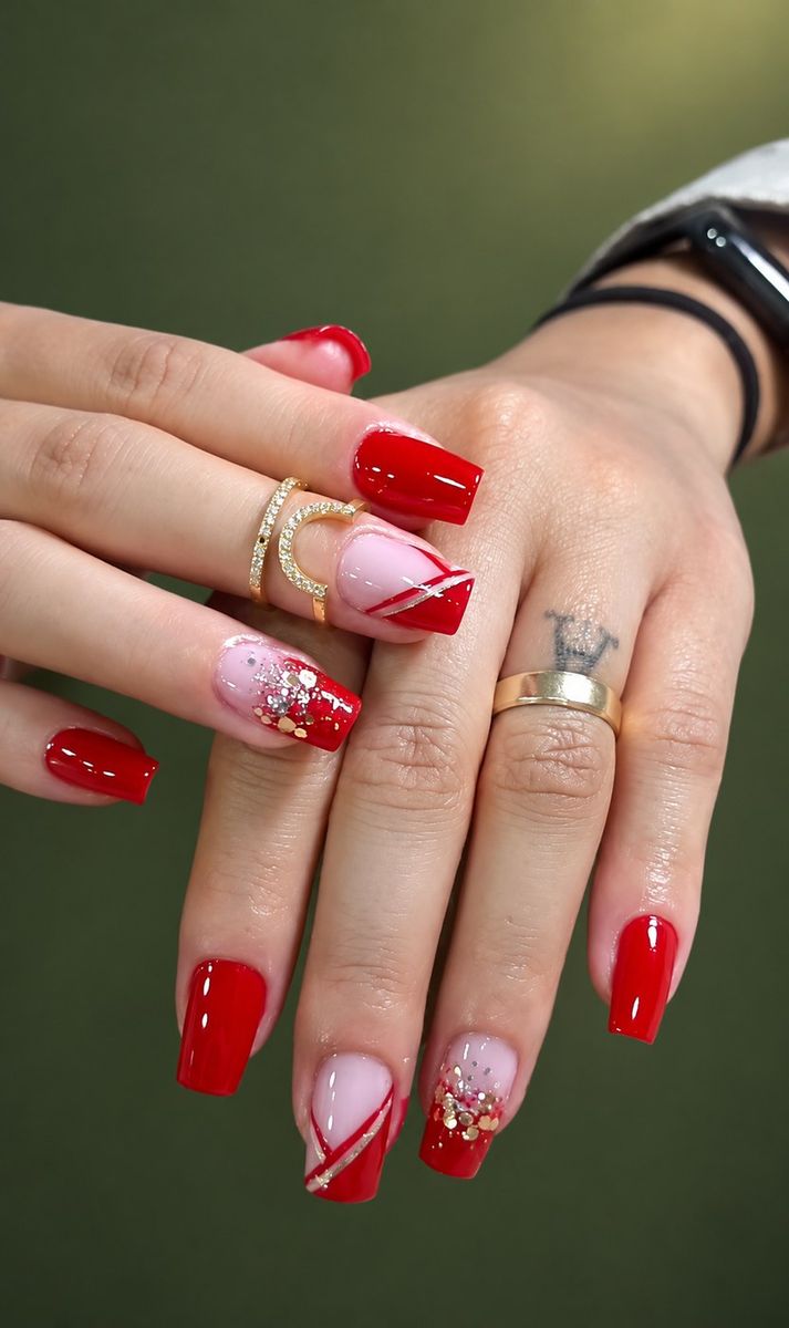 Unhas vermelhas com francesinha rosa, faixas e glitter